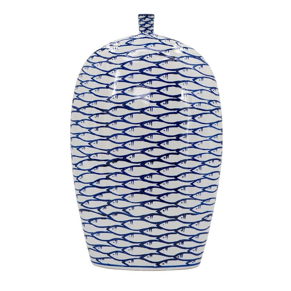 16" Blue And White Fish Print Oval Ceramic Table Vase HomeRoots