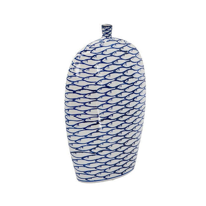 16" Blue And White Fish Print Oval Ceramic Table Vase HomeRoots