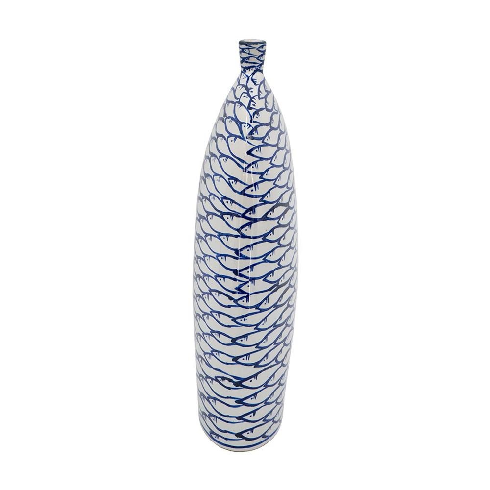 16" Blue And White Fish Print Oval Ceramic Table Vase HomeRoots