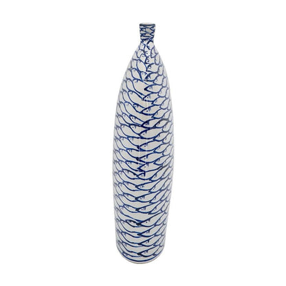 16" Blue And White Fish Print Oval Ceramic Table Vase HomeRoots