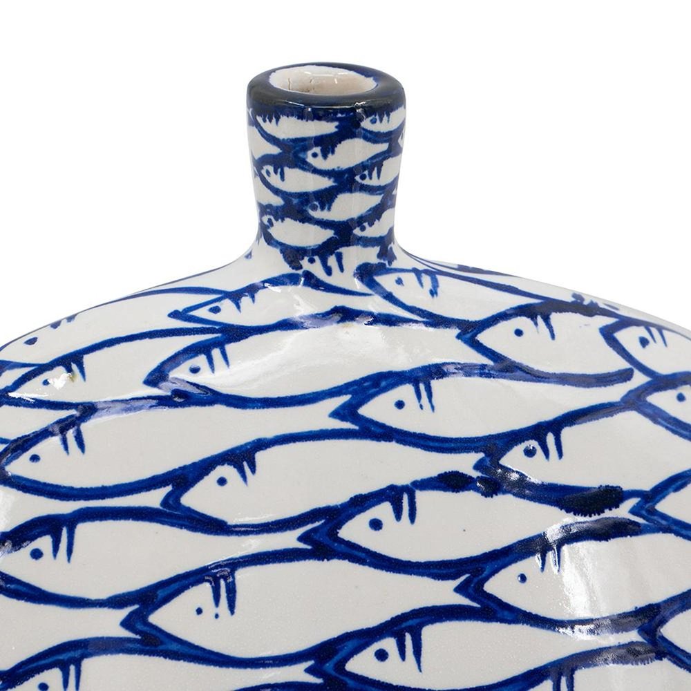 16" Blue And White Fish Print Oval Ceramic Table Vase HomeRoots