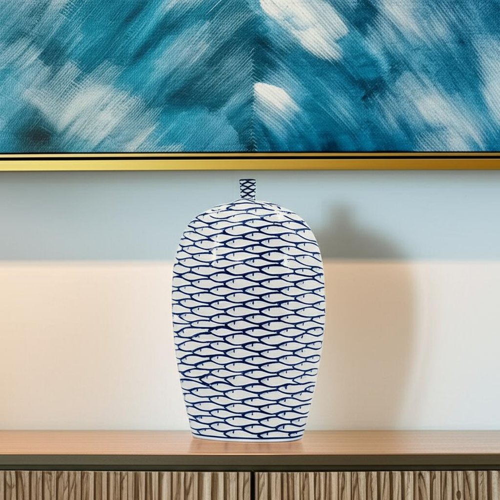 16" Blue And White Fish Print Oval Ceramic Table Vase HomeRoots