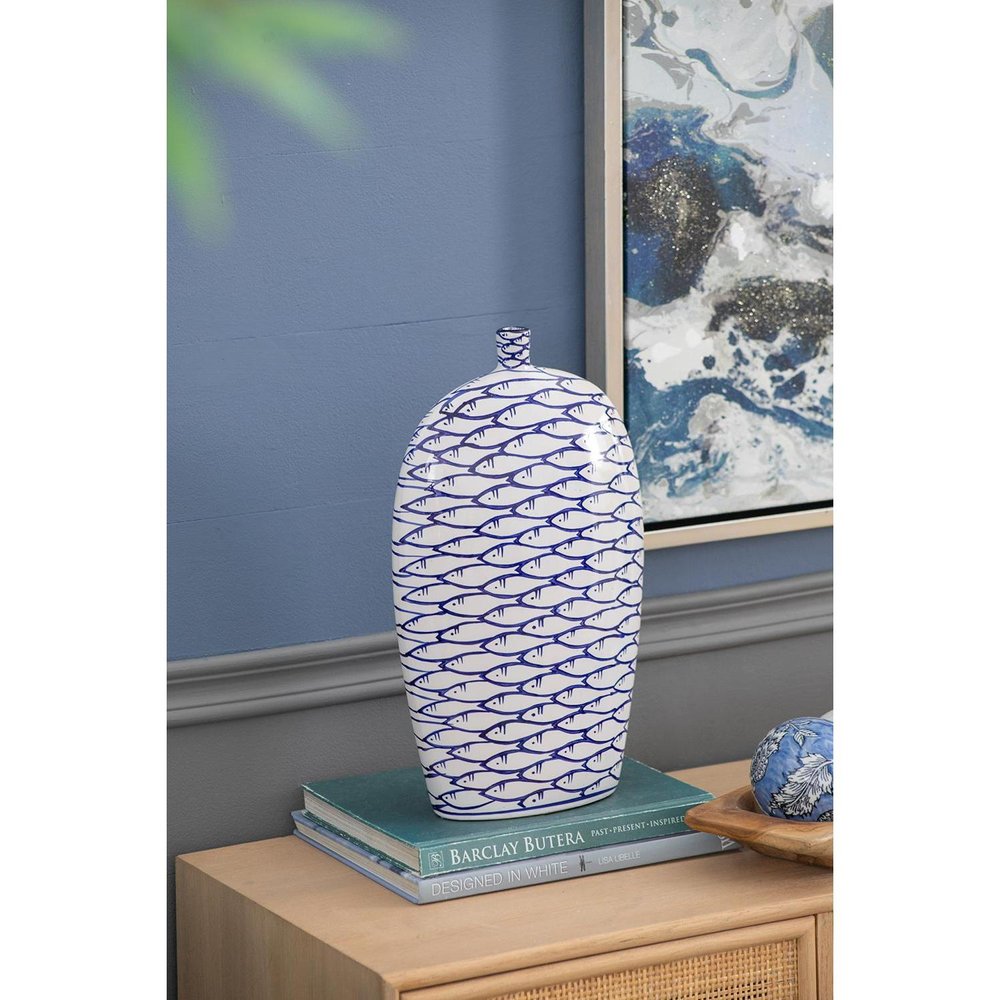 16" Blue And White Fish Print Oval Ceramic Table Vase HomeRoots