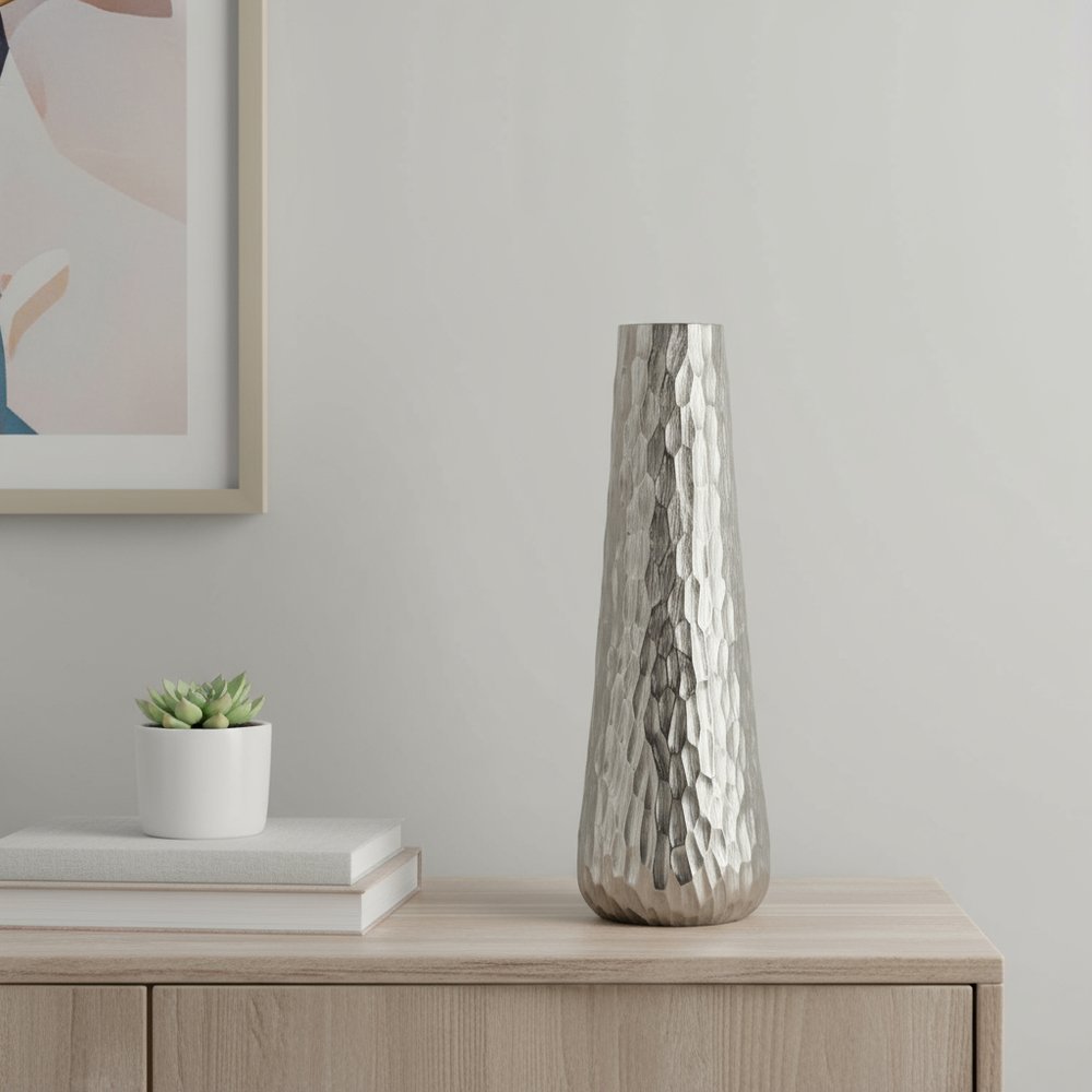 19" Silver Cast Aluminum Carved Geometric Table Vase HomeRoots