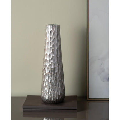 19" Silver Cast Aluminum Carved Geometric Table Vase HomeRoots