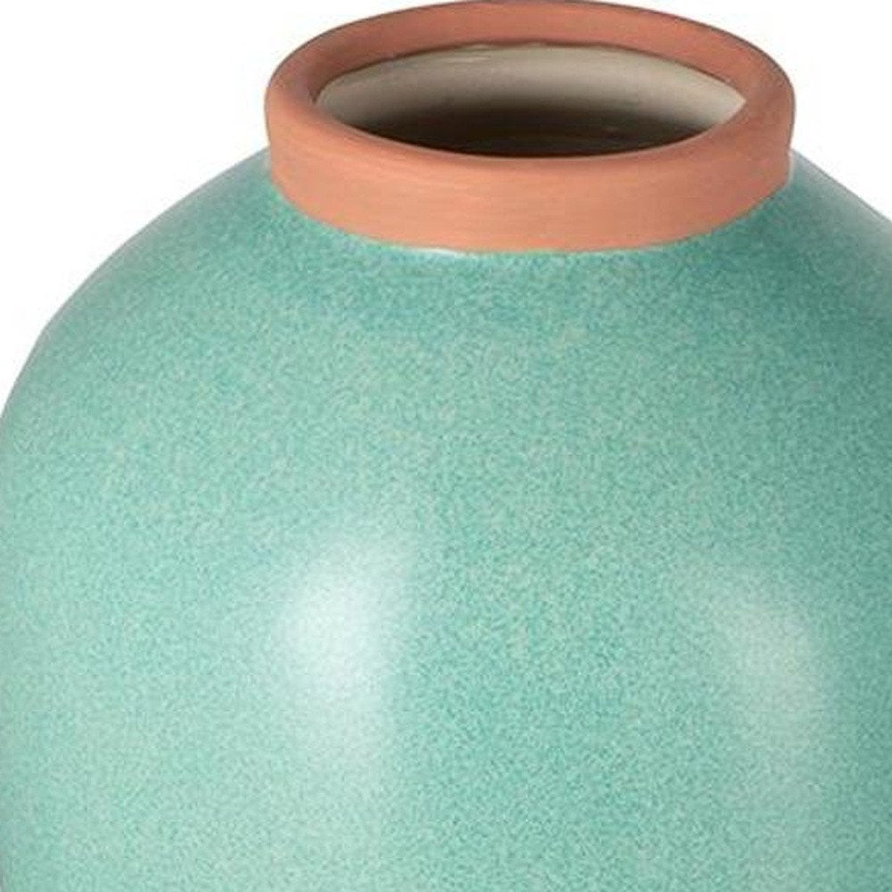13" Aqua And Terra Cotta Ceramic Round Table Vase HomeRoots