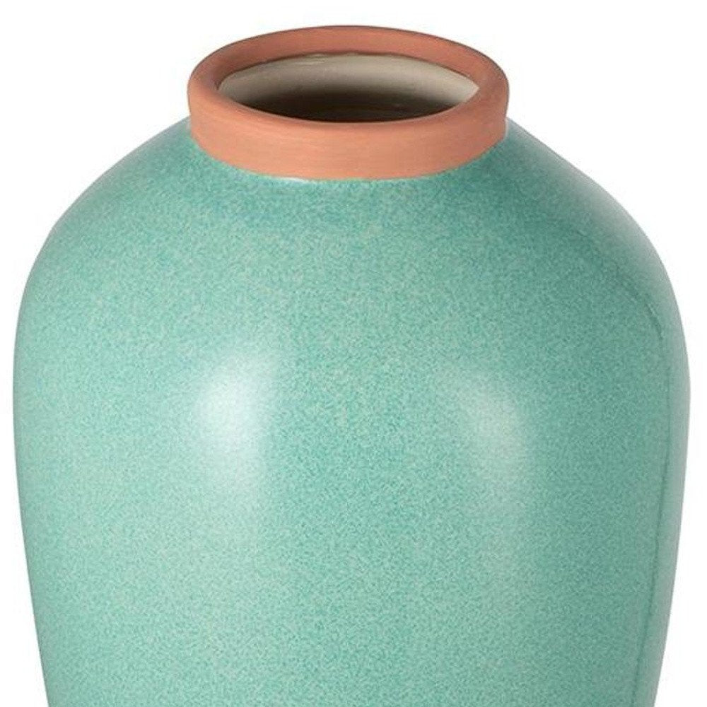 13" Aqua And Terra Cotta Ceramic Round Table Vase HomeRoots