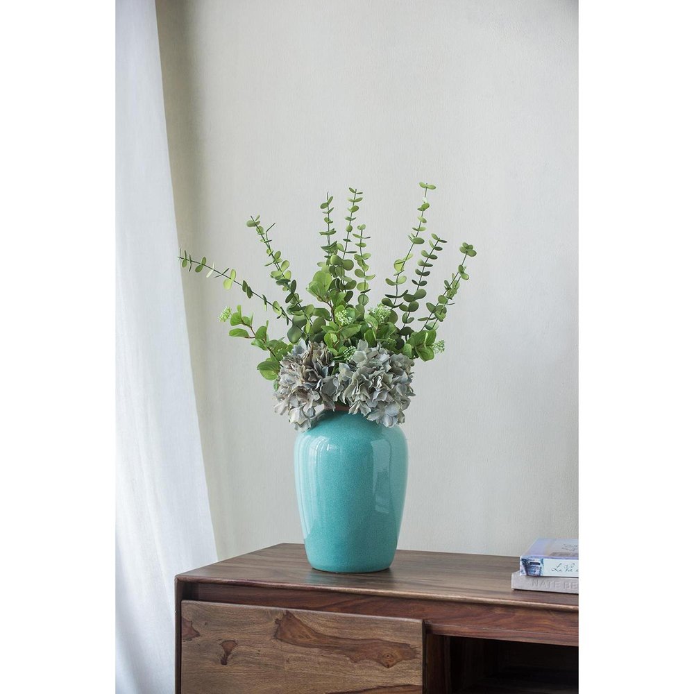 13" Aqua And Terra Cotta Ceramic Round Table Vase HomeRoots
