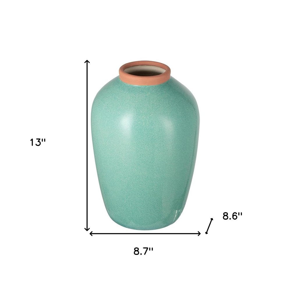 13" Aqua And Terra Cotta Ceramic Round Table Vase HomeRoots