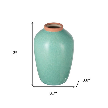13" Aqua And Terra Cotta Ceramic Round Table Vase HomeRoots