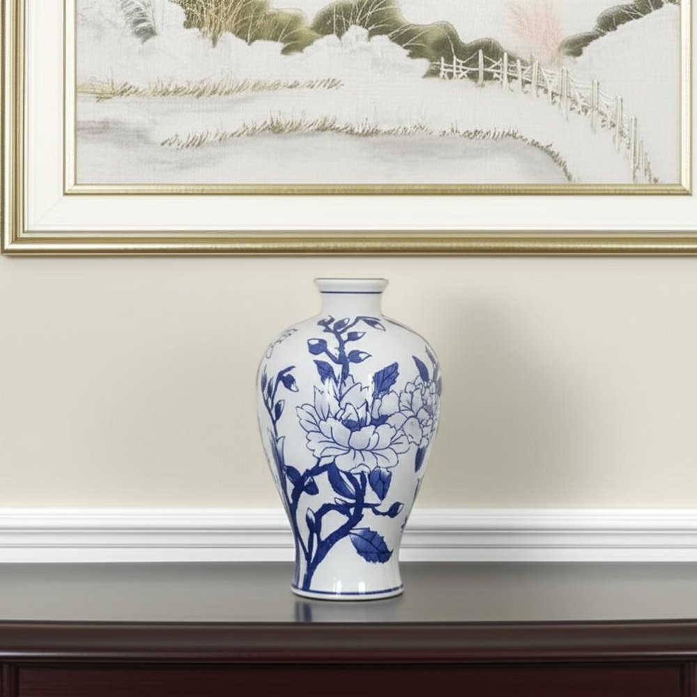 10" Blue And White Floral Round Porcelain Table Vase HomeRoots