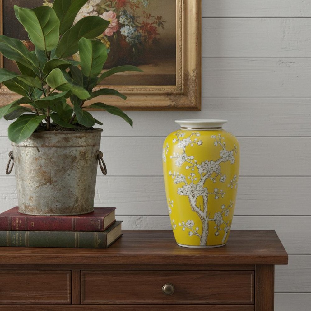 11" White And Yellow Floral Porcelain Urn Table Vase HomeRoots