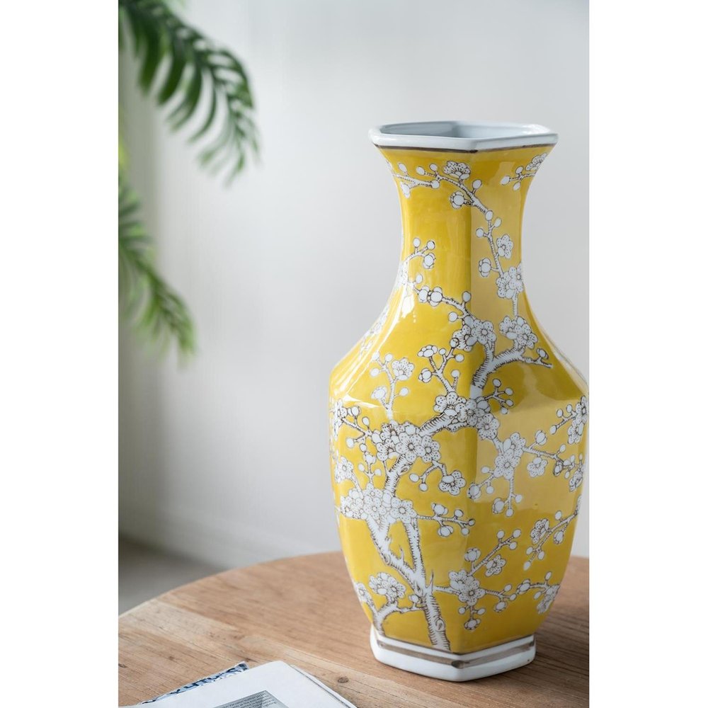 14" Yellow And White Chinoiserie Floral Porcelain Table Vase HomeRoots