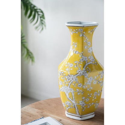 14" Yellow And White Chinoiserie Floral Porcelain Table Vase HomeRoots