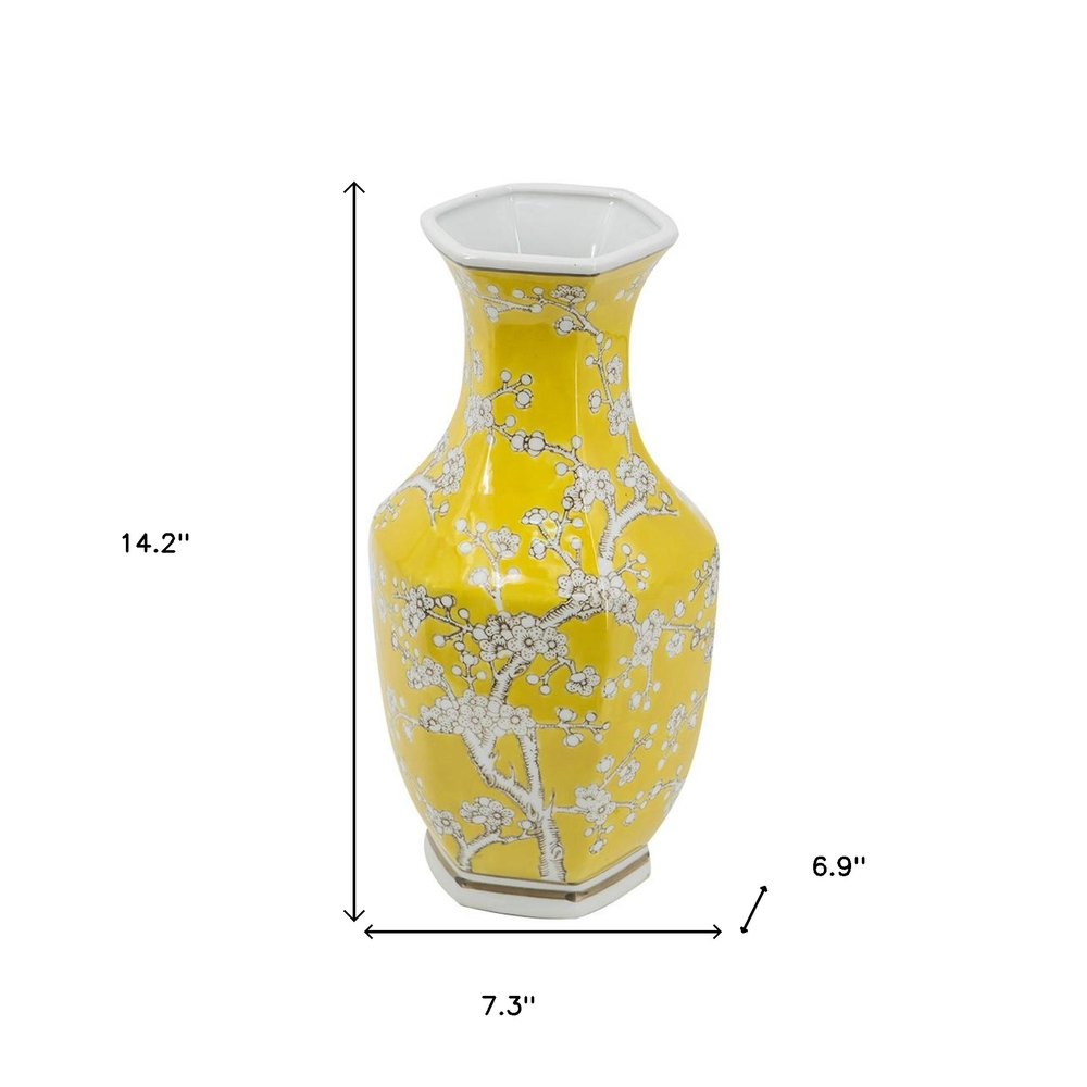14" Yellow And White Chinoiserie Floral Porcelain Table Vase HomeRoots