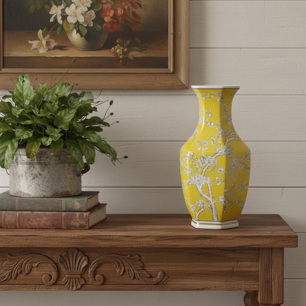 14" Yellow And White Chinoiserie Floral Porcelain Table Vase HomeRoots