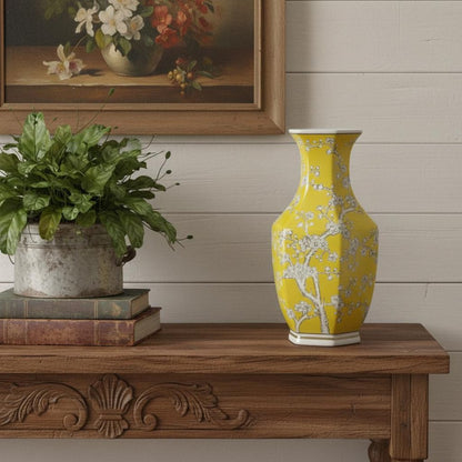 14" Yellow And White Chinoiserie Floral Porcelain Table Vase HomeRoots