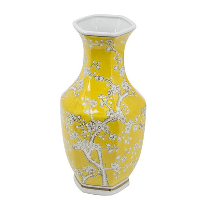 14" Yellow And White Chinoiserie Floral Porcelain Table Vase HomeRoots