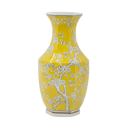 14" Yellow And White Chinoiserie Floral Porcelain Table Vase HomeRoots