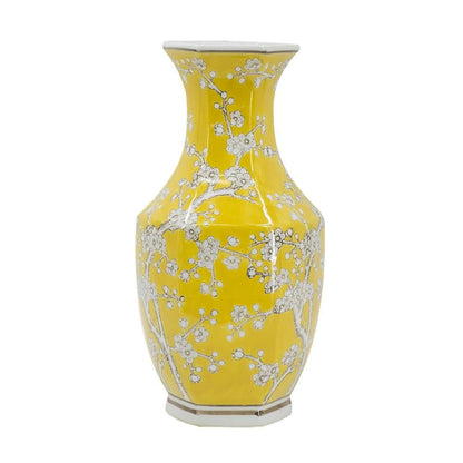 14" Yellow And White Chinoiserie Floral Porcelain Table Vase HomeRoots