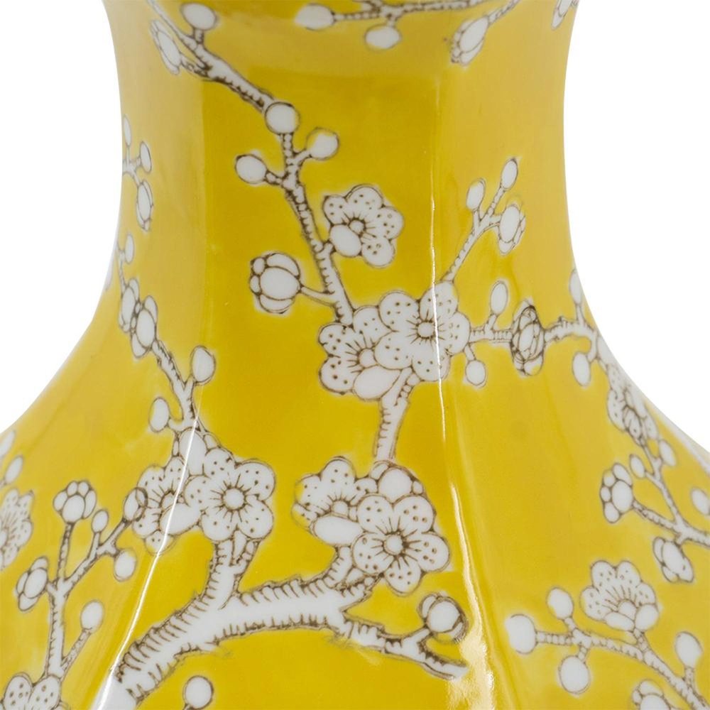 14" Yellow And White Chinoiserie Floral Porcelain Table Vase HomeRoots