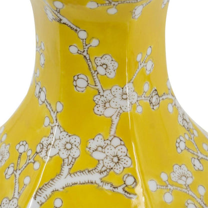 14" Yellow And White Chinoiserie Floral Porcelain Table Vase HomeRoots