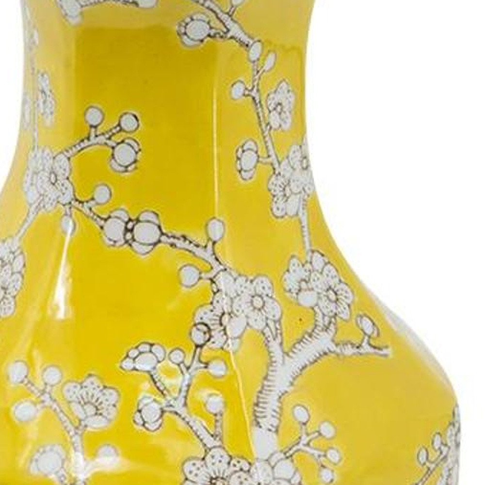 14" Yellow And White Chinoiserie Floral Porcelain Table Vase HomeRoots