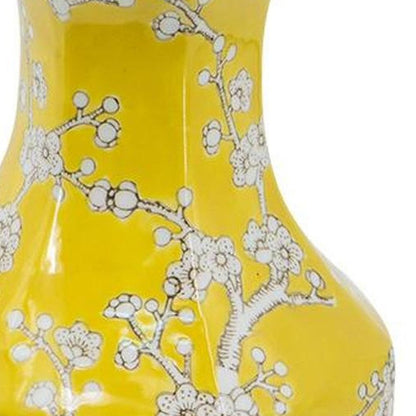 14" Yellow And White Chinoiserie Floral Porcelain Table Vase HomeRoots