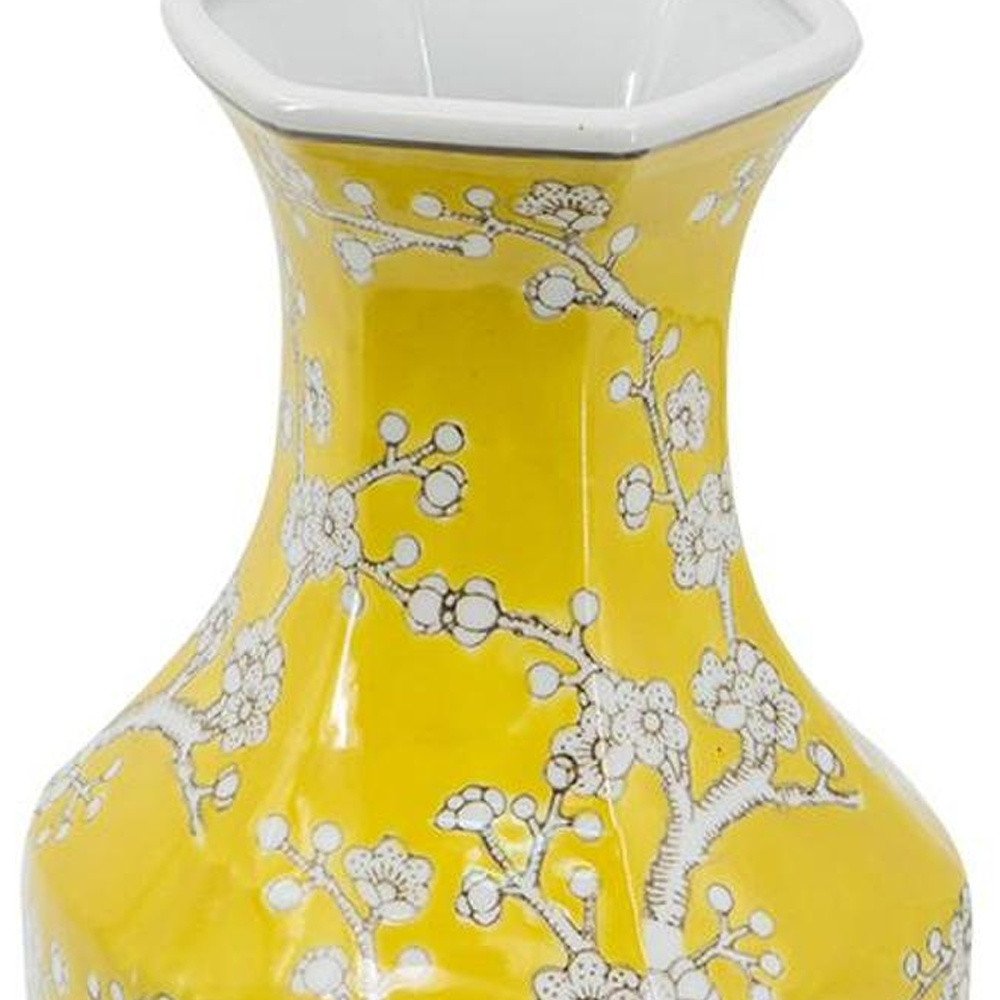 14" Yellow And White Chinoiserie Floral Porcelain Table Vase HomeRoots