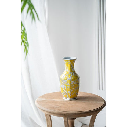 14" Yellow And White Chinoiserie Floral Porcelain Table Vase HomeRoots