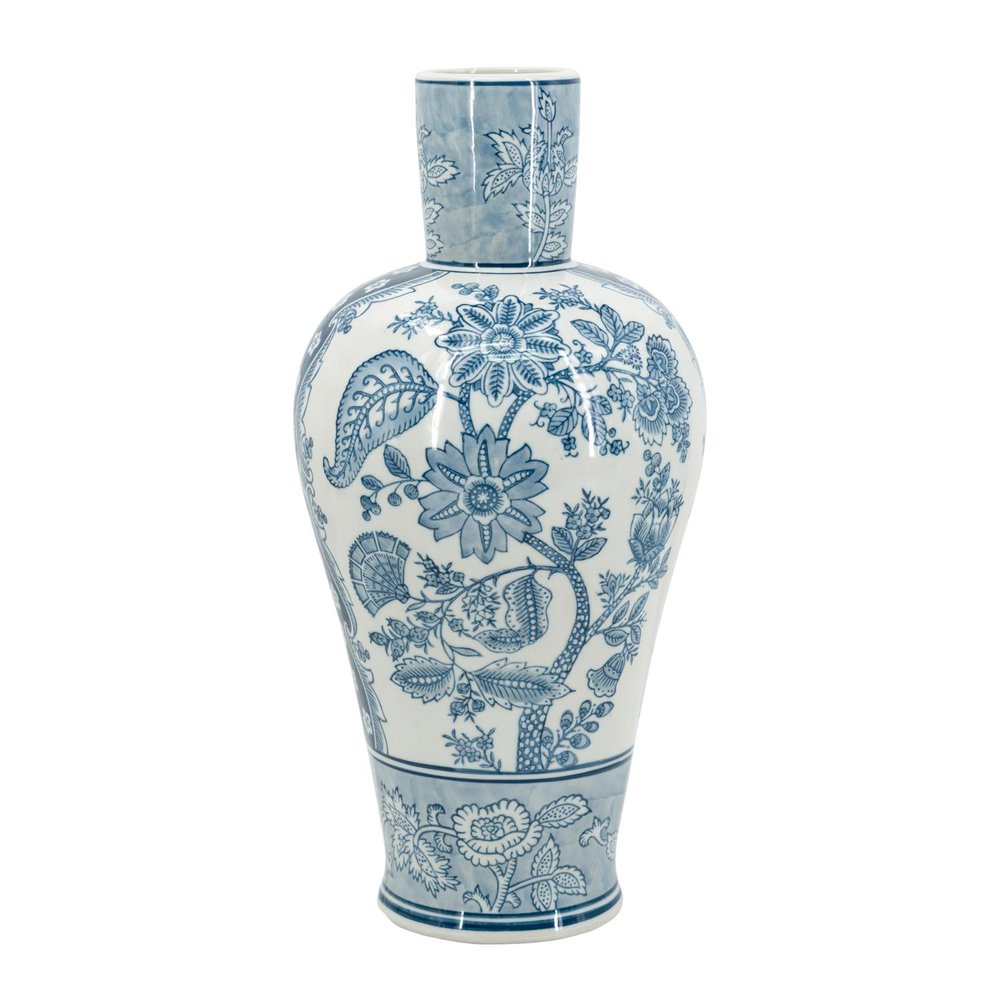 17" Light Blue And White Floral Round Porcelain Table Vase HomeRoots