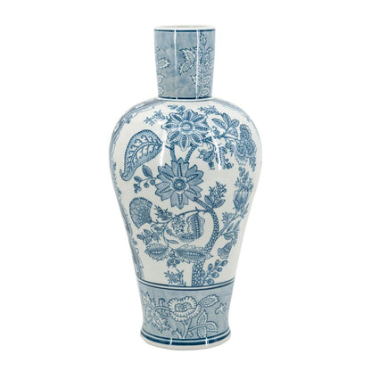 17" Light Blue And White Floral Round Porcelain Table Vase HomeRoots