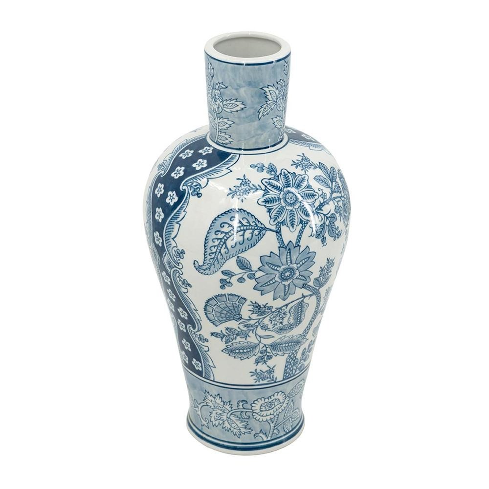 17" Light Blue And White Floral Round Porcelain Table Vase HomeRoots