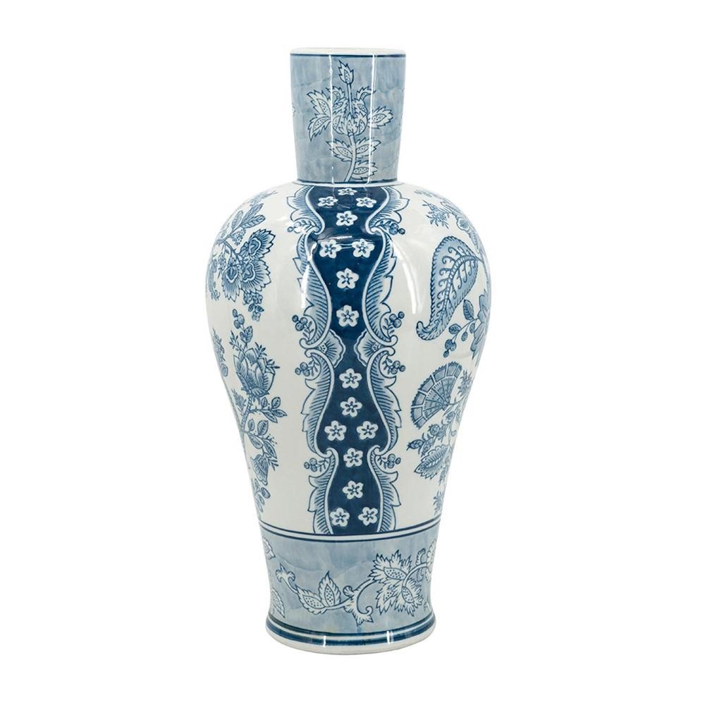 17" Light Blue And White Floral Round Porcelain Table Vase HomeRoots