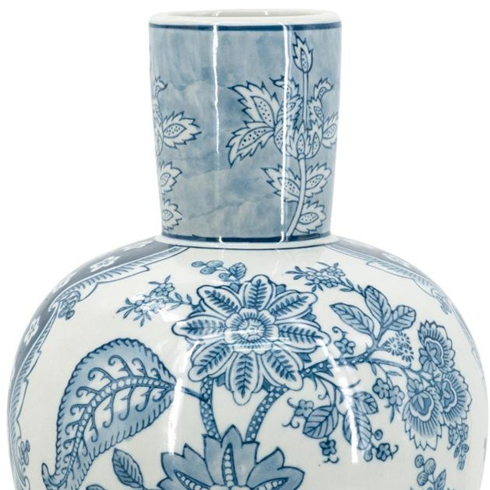 17" Light Blue And White Floral Round Porcelain Table Vase HomeRoots