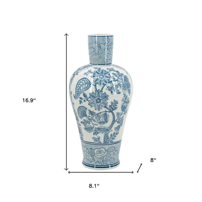 17" Light Blue And White Floral Round Porcelain Table Vase HomeRoots