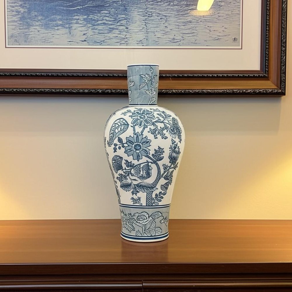 17" Light Blue And White Floral Round Porcelain Table Vase HomeRoots