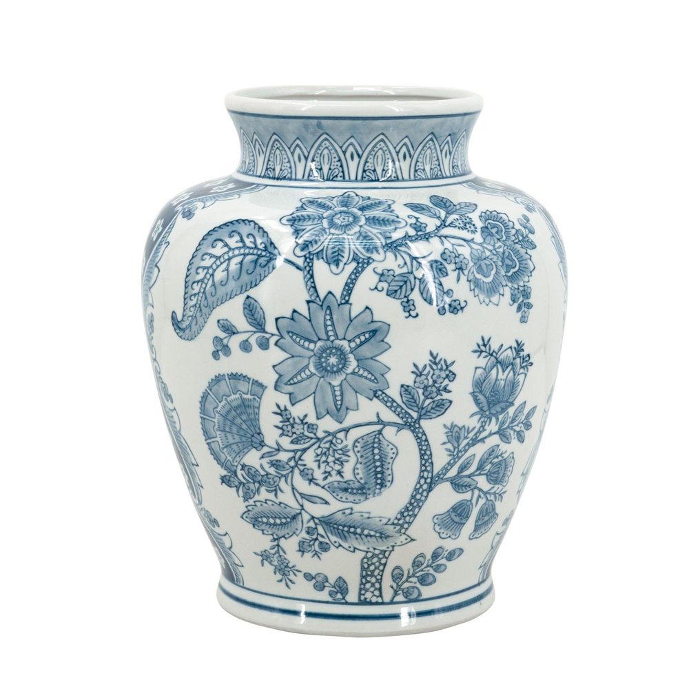 11" Light Blue And White Floral Round Porcelain Jar HomeRoots
