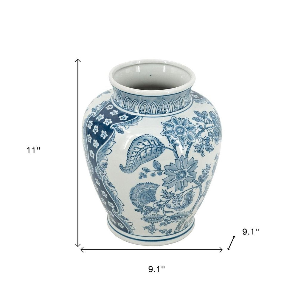 11" Light Blue And White Floral Round Porcelain Jar HomeRoots