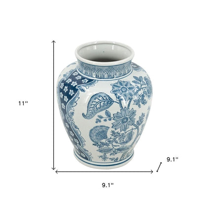 11" Light Blue And White Floral Round Porcelain Jar HomeRoots