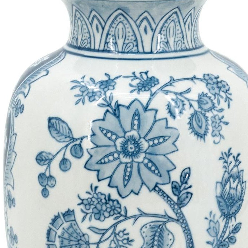 9" Light Blue And White Floral Round Porcelain Jar HomeRoots