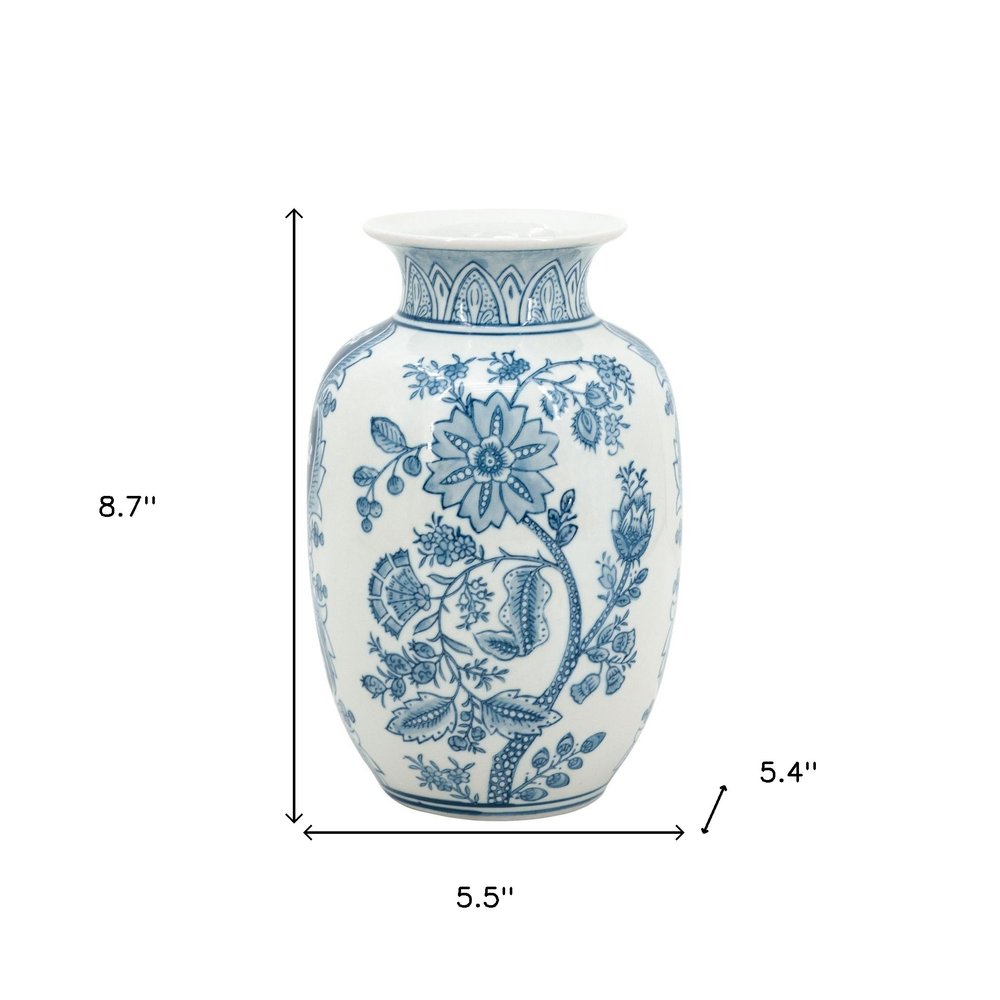 9" Light Blue And White Floral Round Porcelain Jar HomeRoots