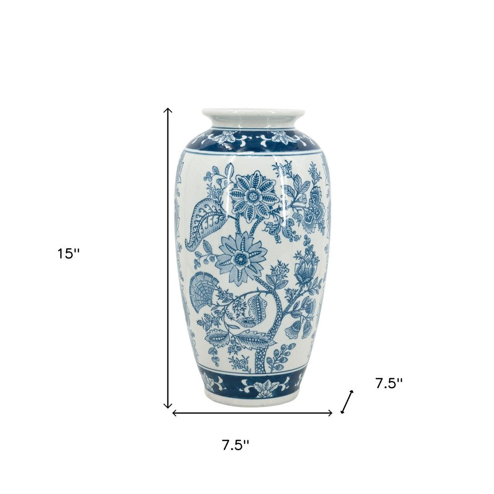 15" Light Blue And White Floral Porcelain Urn Vase HomeRoots