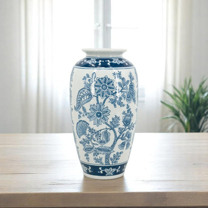 15" Light Blue And White Floral Porcelain Urn Vase HomeRoots