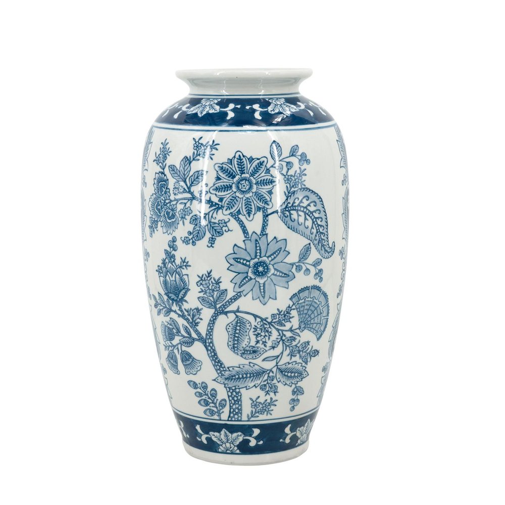 15" Light Blue And White Floral Porcelain Urn Vase HomeRoots