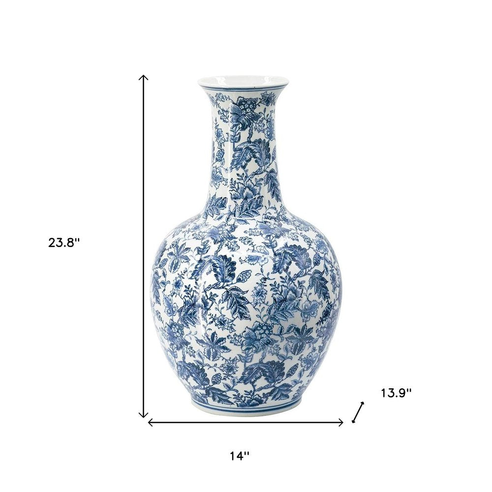 24" Blue And White Floral Curved Porcelain Table Vase — view 8