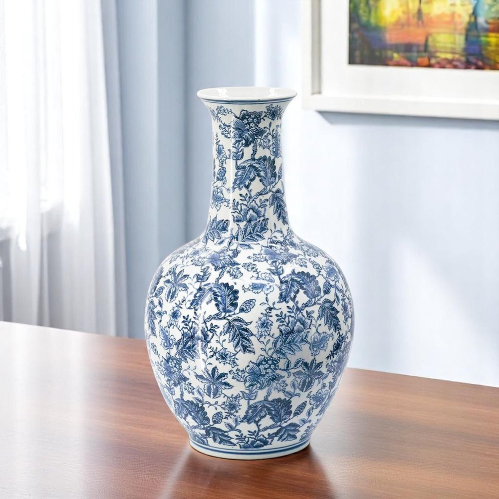 24" Blue And White Floral Curved Porcelain Table Vase HomeRoots