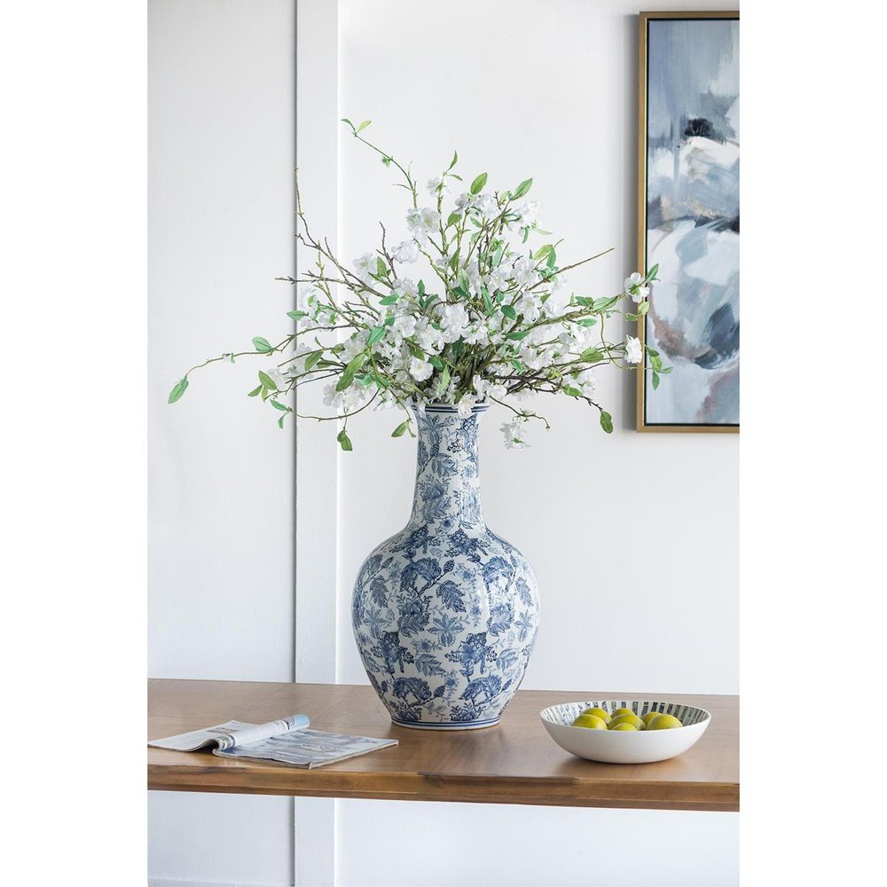 24" Blue And White Floral Curved Porcelain Table Vase — view 5