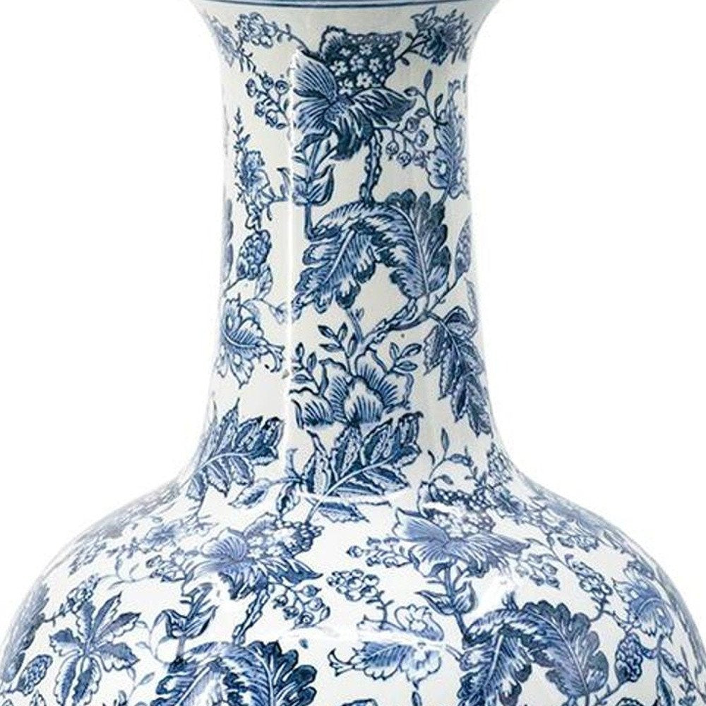 24" Blue And White Floral Curved Porcelain Table Vase HomeRoots