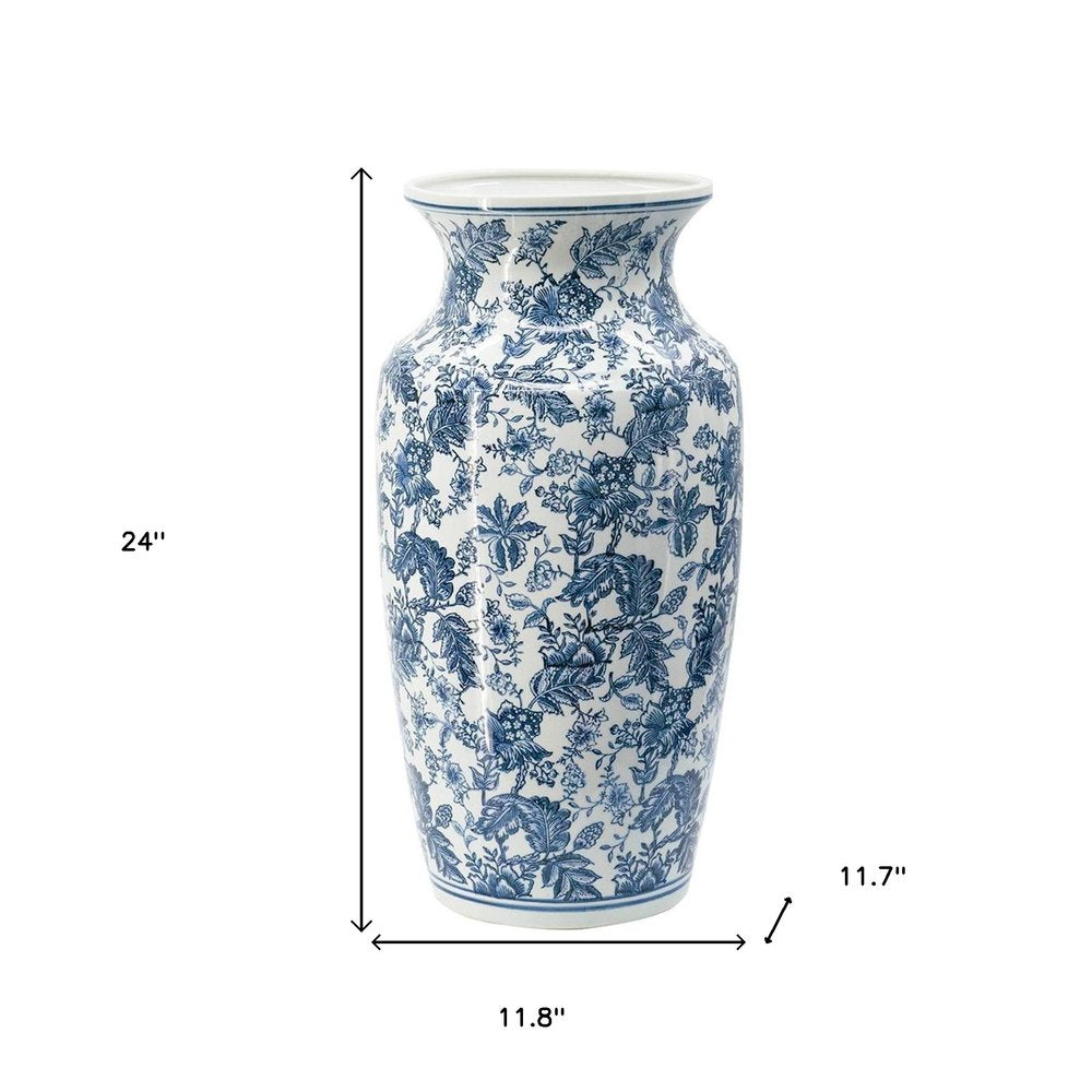 24" Blue And White Chinoiserie Porcelain Urn Table Vase HomeRoots